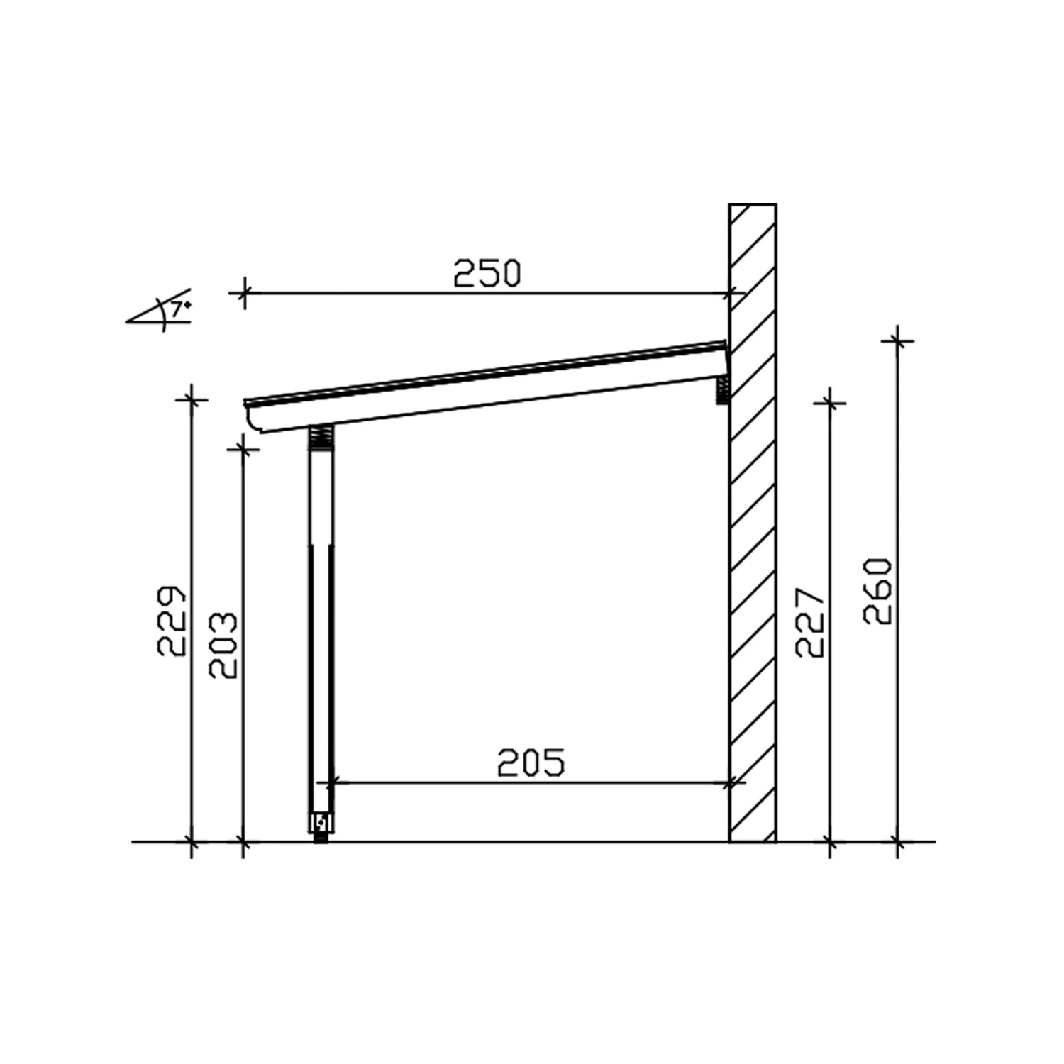 Technische Zeichnung der Skan Holz Terrassenüberdachung Rimini, Maße 434x250 cm.