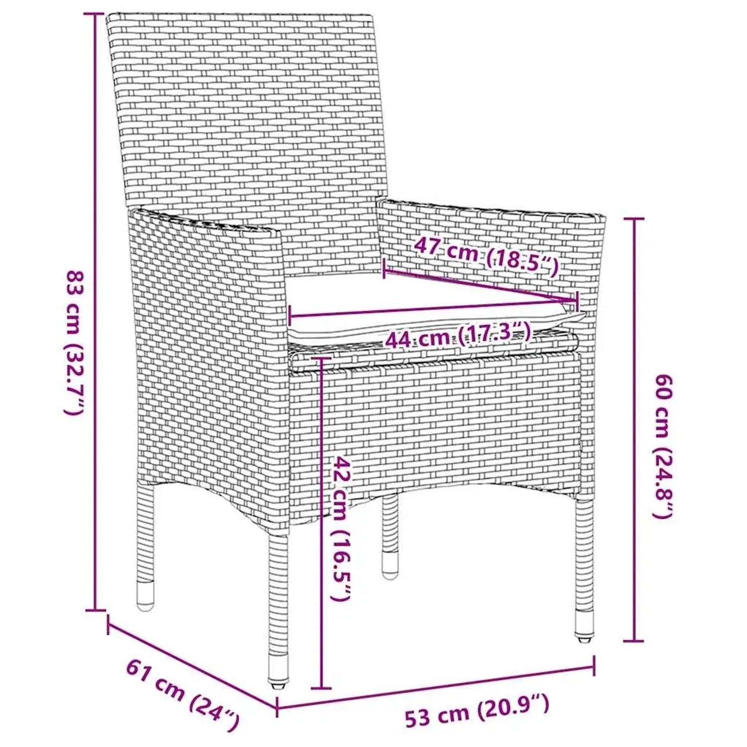 Abbildung eines beigen Gartenstuhls aus Polyrattan mit Kissen und Maßangaben.
