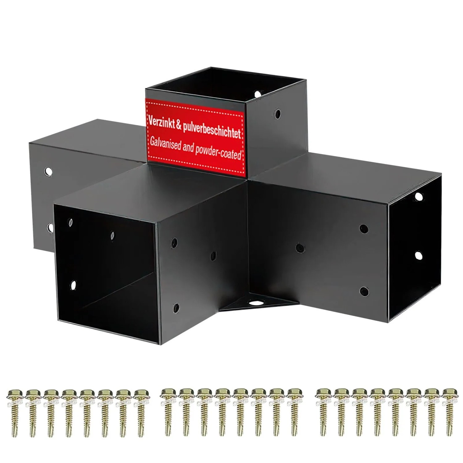 SOTECH Mittelverbinder 100 x 100 mm 4-Wege-Verbinder Vierkant Stahl Verzinkt Schwarz Pulverbeschichtet für Höchsten Korr...