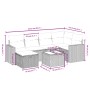 Graue 7-tlg. vidaXL Garten-Sofagarnitur aus Polyrattan mit Kissen, Maße eingezeichnet.