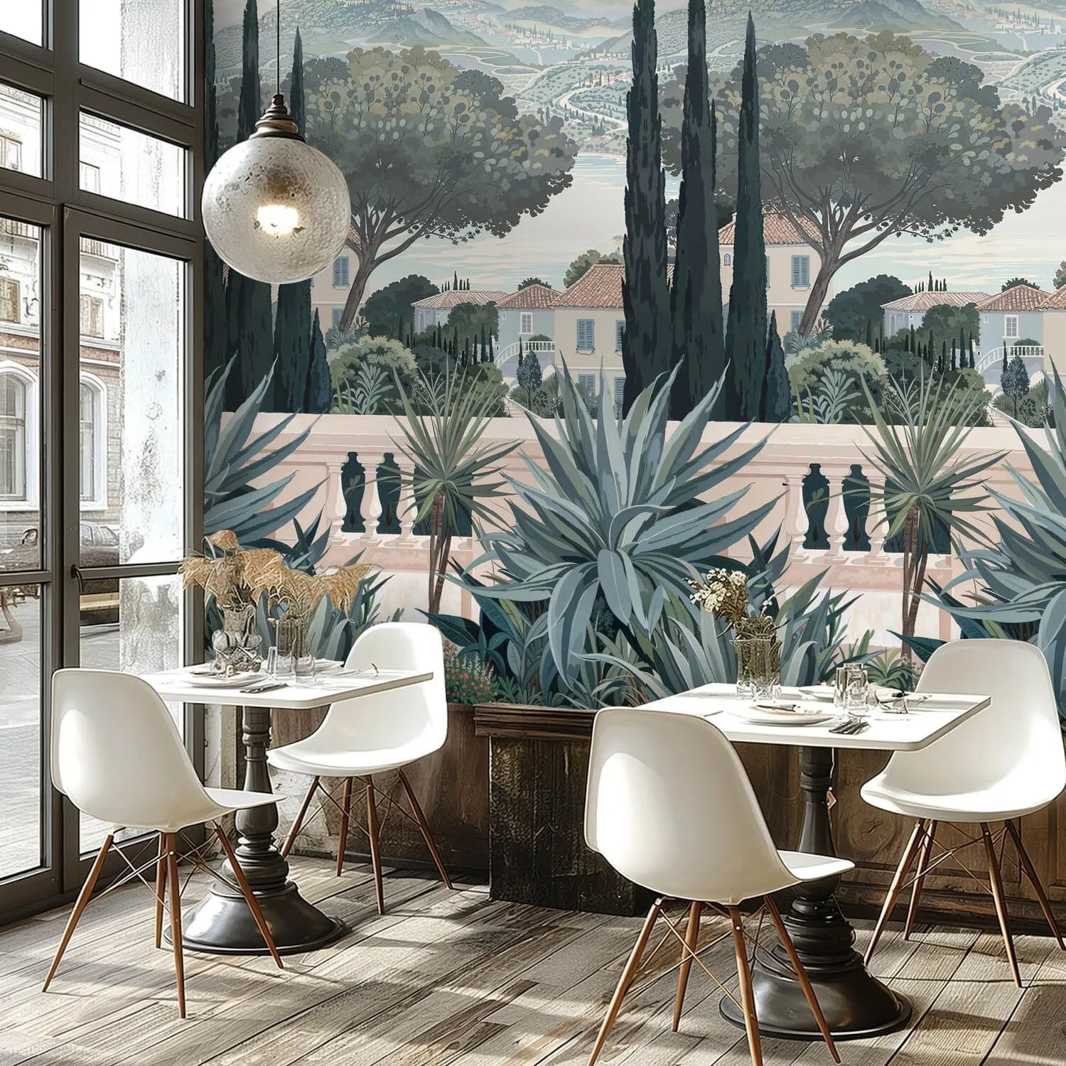 PROFHOME Fototapete mit Architektur-Motiv in Blau, Creme und Beige im Restaurant.