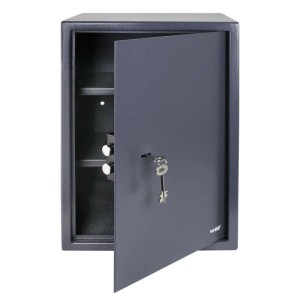 HMF Möbeltresor Anthrazit, offen mit Doppelbartschloss und Schlüssel. Robuster Stahlsafe mit 2 Einlegeböden für Wertsachen.