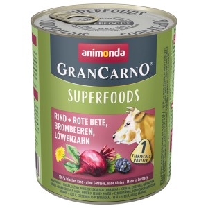 Animonda Gran Carno Superfoods Nassfutter mit Rind, Rote Bete, Brombeeren und Löwenzahn, 800g Dose.