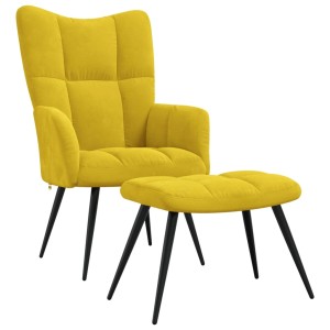 Senfgelber Relaxsessel mit Hocker aus Samt, gesteppt, mit schwarzen Beinen.