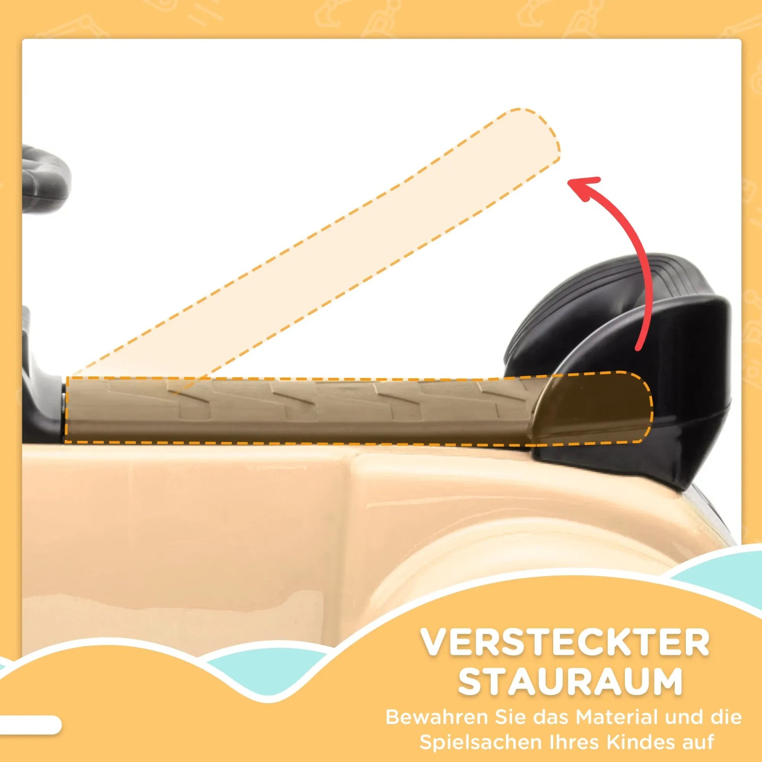 Detailaufnahme: Beige AIYAPLAY Rutschauto mit Stauraum unter dem Sitz. Ideal für Kinder von 18-48 Monaten.