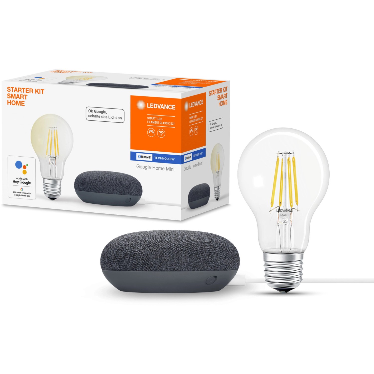 Thumbnail - Ledvance Google Home Mini Starter-Set Speaker Schwarz + Filament Leuchtmittel