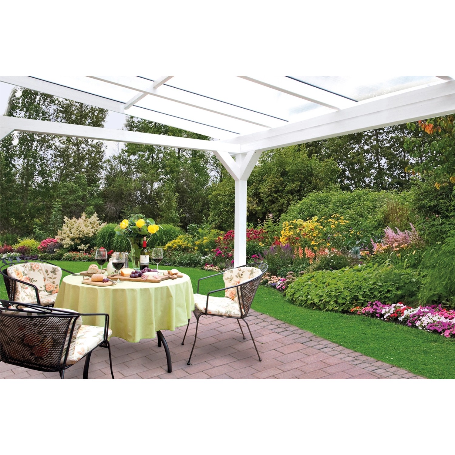 Freistehende Skan Holz Terrassenüberdachung Sanremo aus Leimholz, 434x250 cm, mit Polycarbonat-Doppelstegplatten.