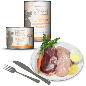 Mjamjam Nassfutter Huhn & Ente mit Möhre und Hirse, 200g Dose. Hunde-Nassfutter mit Geflügel.