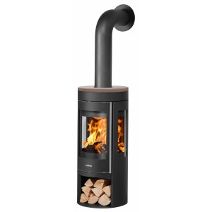 Justus Kaminofen Mino Trios 2.0, Stahl schwarz, Abdeckplatte Grappa, 5 kW. Kamin mit Holzfach und drei Sichtfenstern.