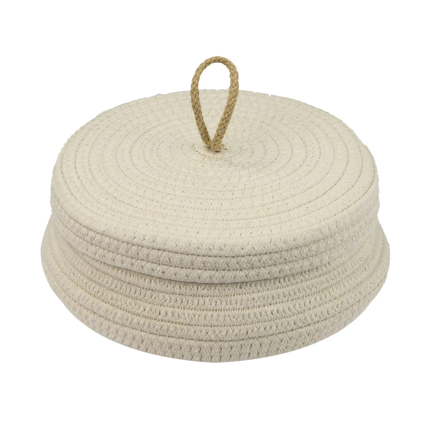 HMF 39031-MF-30 Aufbewahrungskorb Badezimmer Rund Korb Deckel Baumwolle Flach 25 x 11 cm Creme