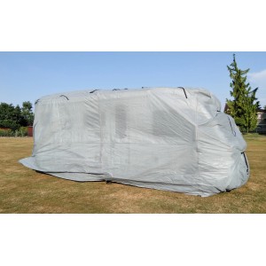 Graue Wohnmobil Abdeckplane Größe L von Garden Pleasure schützt vor Witterung und Schmutz.