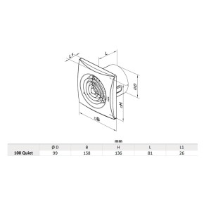 Technische Zeichnung VENTS Quiet 100 V Abluftventilator mit Maßen. Axialventilator für Wandmontage.
