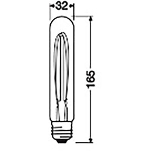 Skizze des Osram LED-Leuchtmittel E27, Röhrenform, mit Maßangaben (16,5 x 3,2 cm).