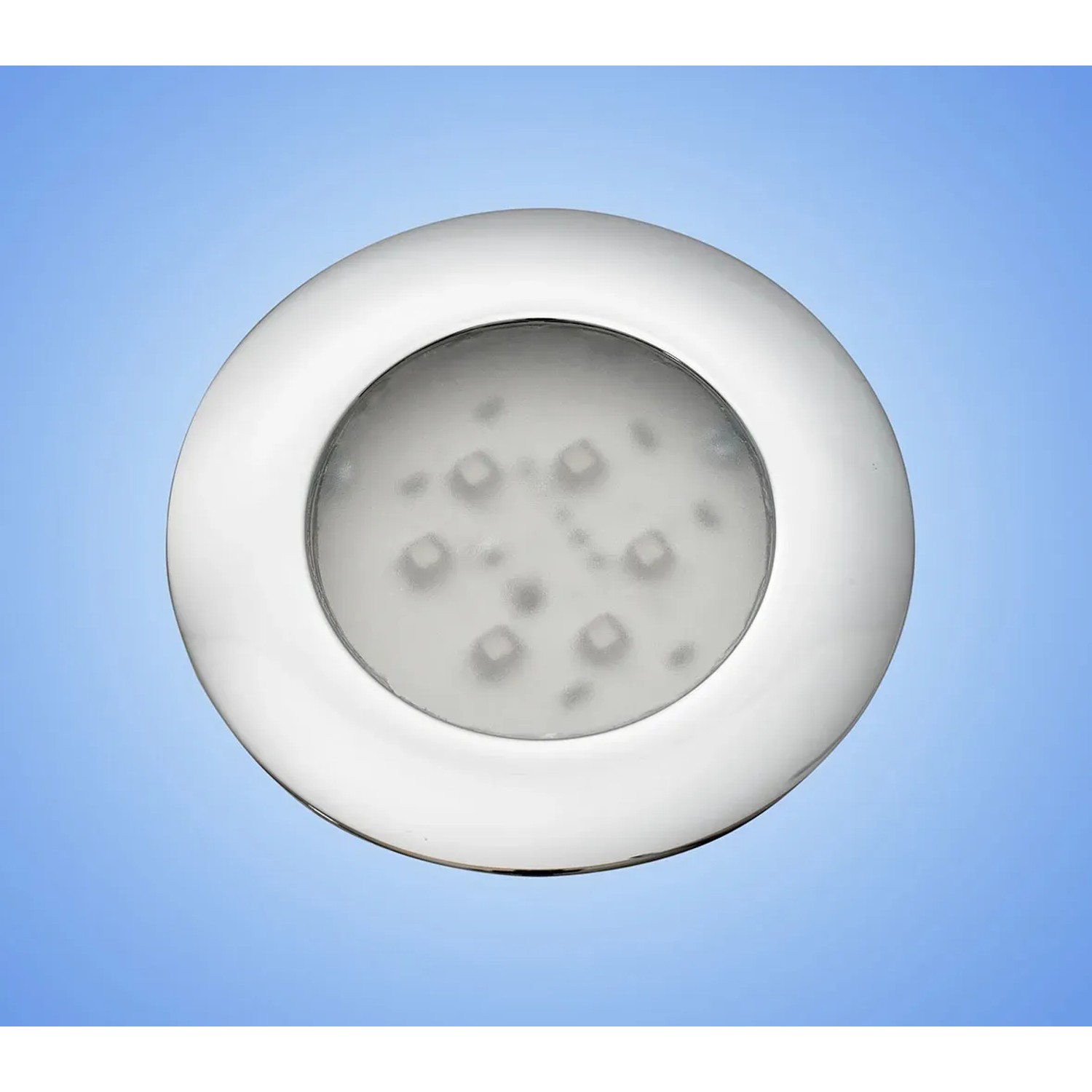 Detailaufnahme LED-Farblichtscheinwerfer für Ottofond Whirlpool Atlanta, chromfarben.