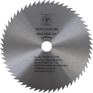 LUX-TOOLS Kreissägeblatt, 180 mm Durchmesser, 60 Zähne, für präzise Schnitte.