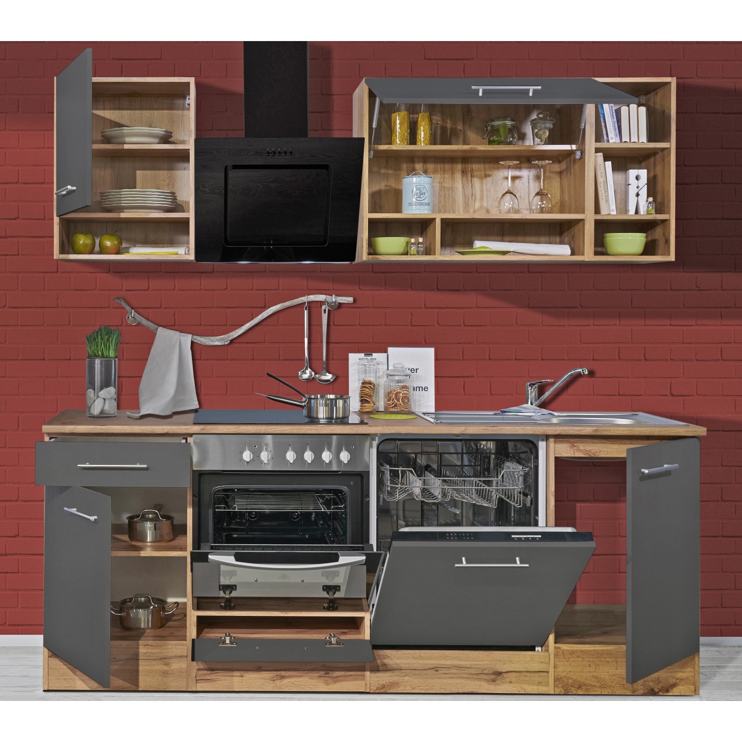 Respekta Küchenzeile 220 cm in Grau und Wildeiche Nachbildung mit E-Geräten.