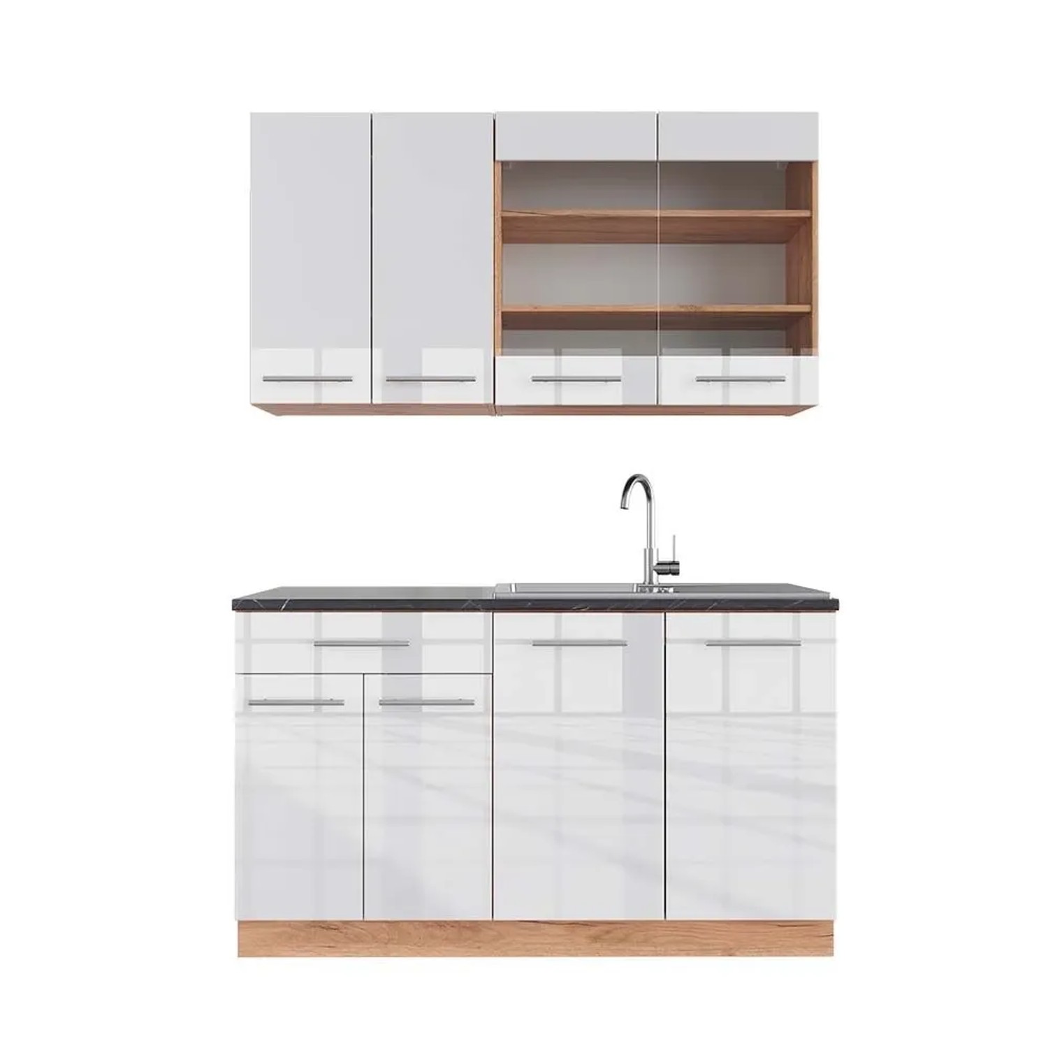 Vicco Fame-Line Singleküche Weiß Hochglanz Goldkraft Eiche 140 cm AP Anthrazit ohne E-Geräte