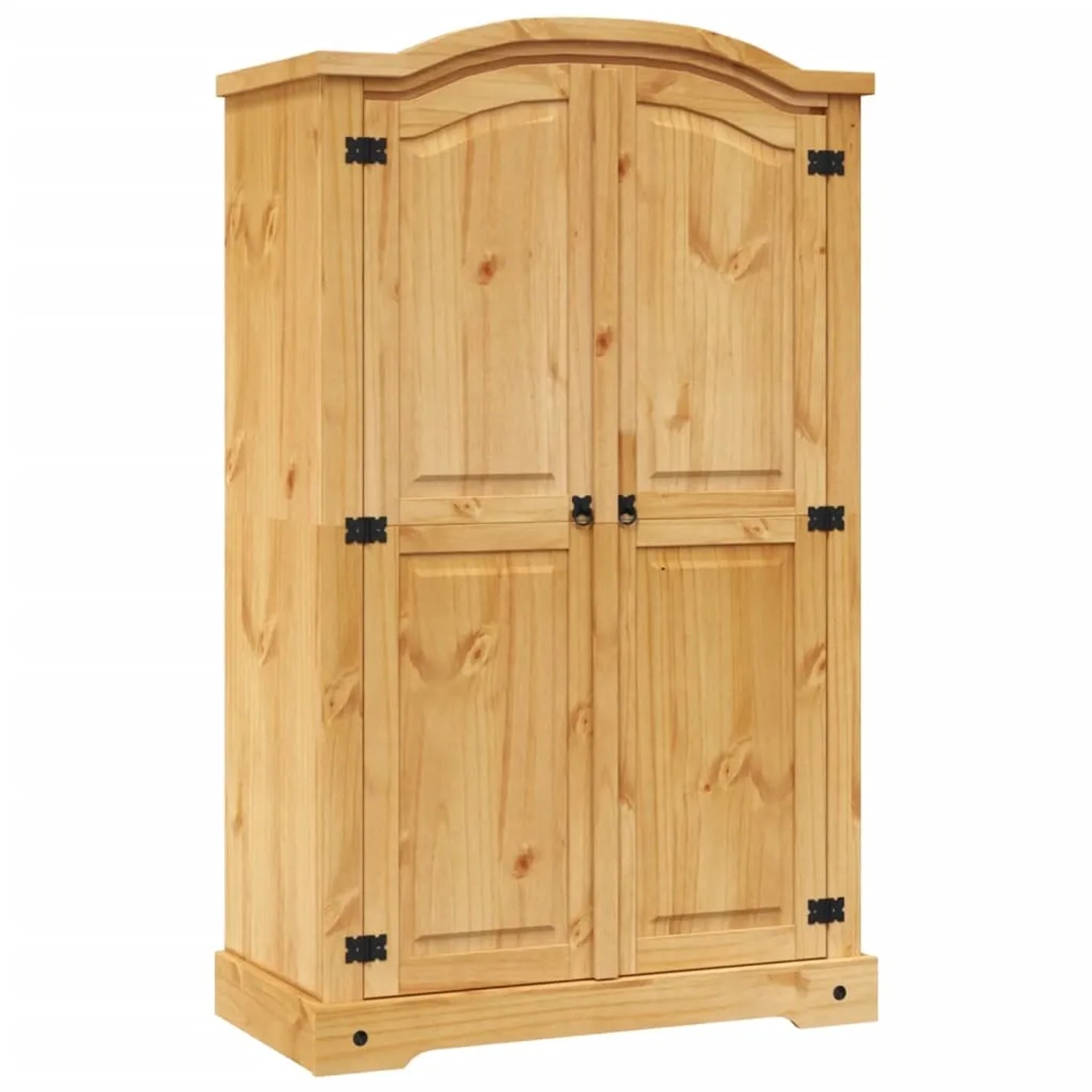 Kleiderschrank im Mexiko-Stil aus Kiefernholz mit 2 Türen und schwarzen Metalldetails.