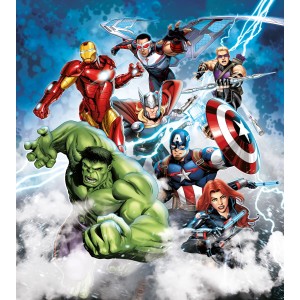 Sanders Fototapete mit den Avengers in Blau, Grün und Rot. Ideal für das Kinderzimmer.