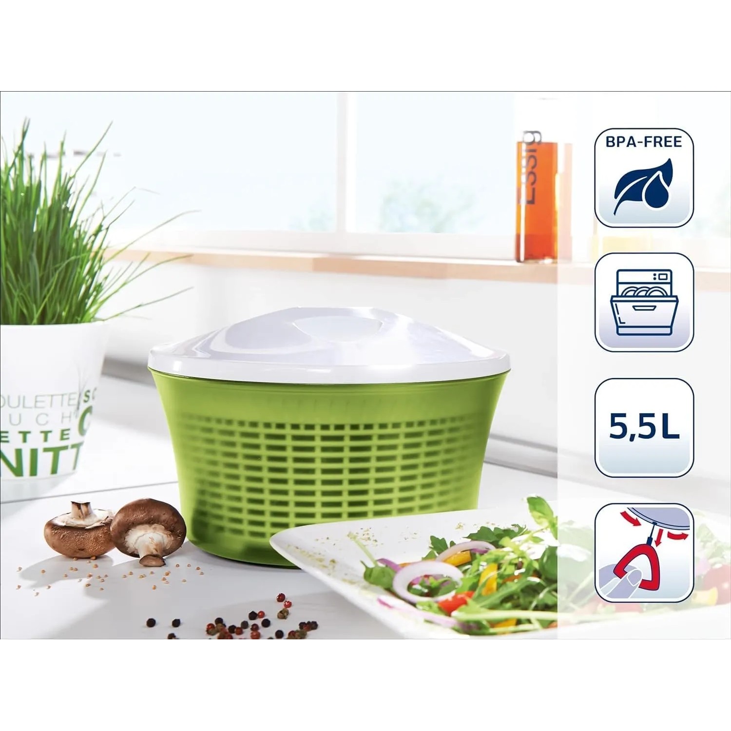 Leifheit Salatschleuder ComfortLine, 5,5L, grün, mit Salat und Pilzen. Küchenausstattung.