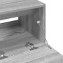 Detailaufnahme Waschbeckenunterschrank Grau Sonoma, Holzwerkstoff, mit geöffneter Klappe und Beschlägen.