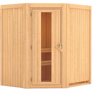 Karibu Sauna Tjorven Natur: Massivholzsauna mit Eckeinstieg und klarer Glastür. Entspannung pur!