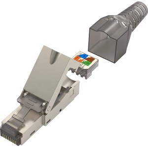 Hama Netzwerkstecker CAT 6A, 10 Gbit/s, geschirmt, werkzeuglose Montage, mit Tülle und Einfädelhilfe.