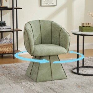 Grüner Chenille Drehstuhl mit hoher Rückenlehne, 360° Drehfunktion (Pfeile) im Wohnzimmer. Gepolsterter Sessel.