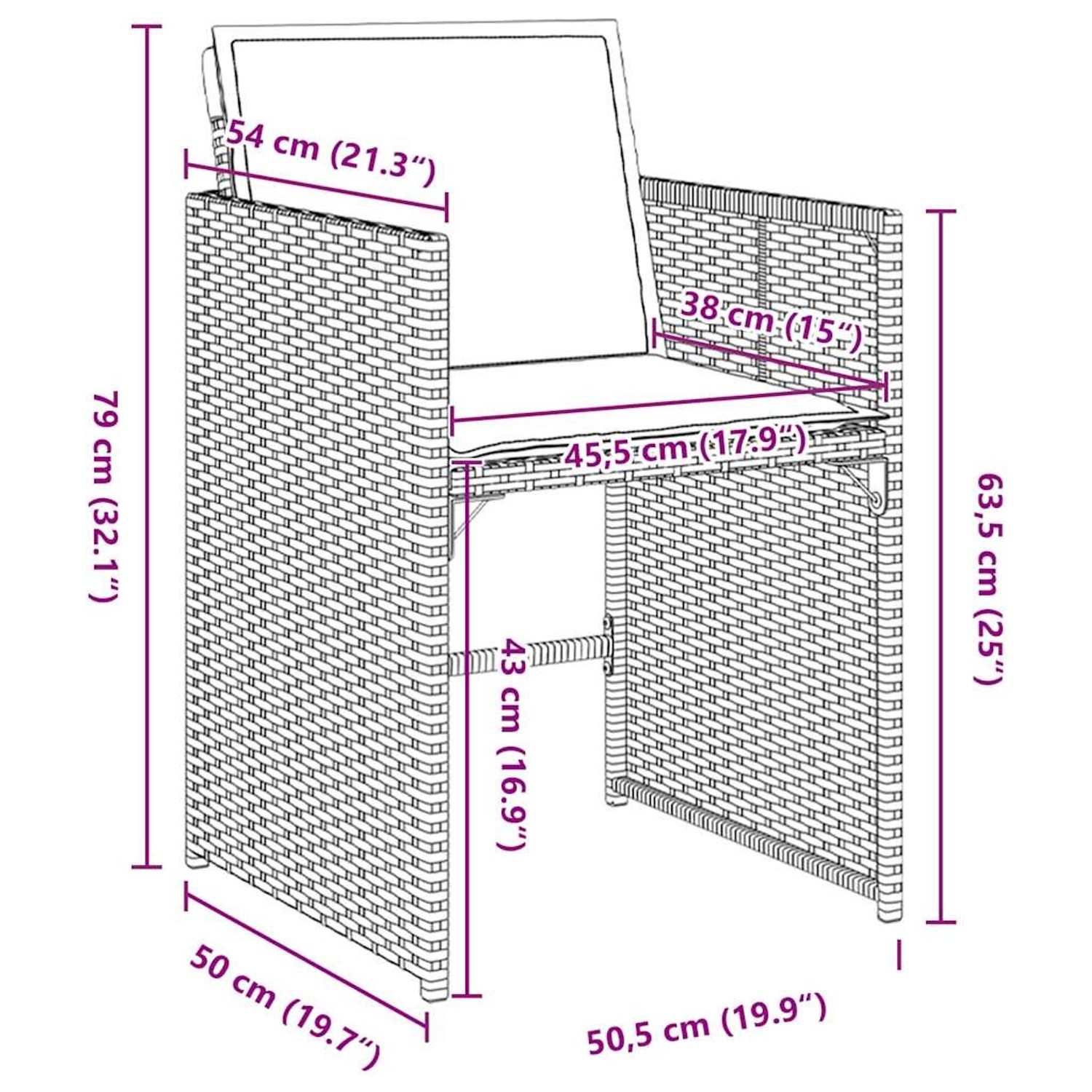 Detailaufnahme eines beigen Poly Rattan Gartenstuhls aus dem 5-teiligen vidaXL Ess-Set mit Maßangaben.