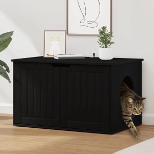 Schwarzes vidaXL Katzenhaus (85x55x50,5 cm) aus Holzwerkstoff mit Katze, ideal als Rückzugsort.