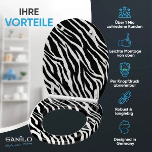 SANILO WC-Sitz mit Absenkautomatik im Zebra-Design. Schwarz-weiß gemustert, Top Fix, robust.