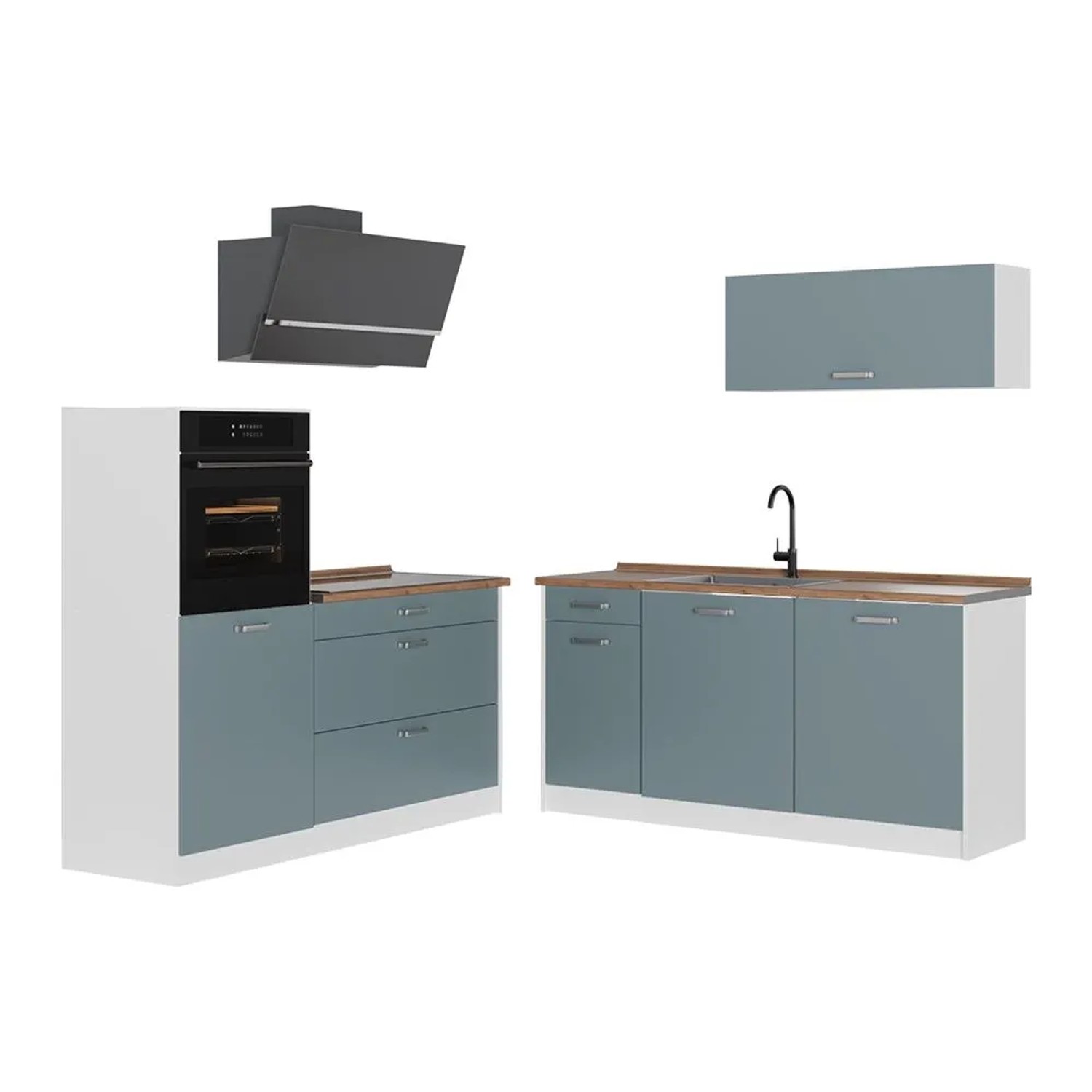 Vicco Küchenzeile R-Line Blau-Grau/Weiß 160 x 143 Arbeitsplatte Goldkraft Eiche Art Nr 66934