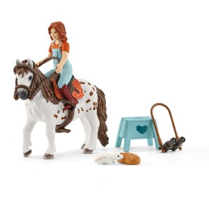 Schleich Horse Club Spielset: Mia auf Shetlandpony Spotty mit Zubehör wie Hocker und Fernglas.