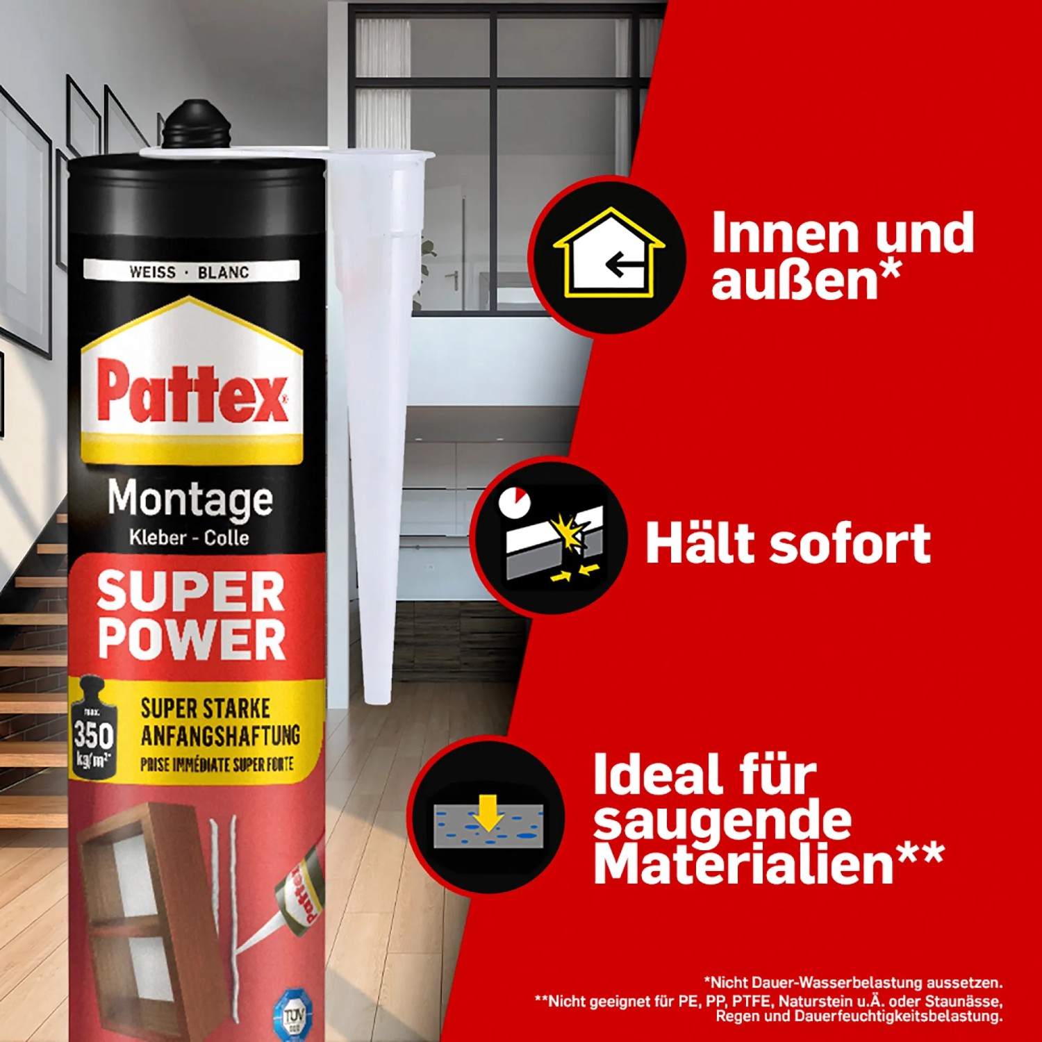Pattex Montagekleber Super Power Kartusche 370g für saugende Materialien, hohe Anfangshaftung.