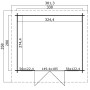 Grundriss Gartenhaus Lasita Robin 280, 330x280 cm, unbehandeltes Holz. Abmessungen und Türposition.