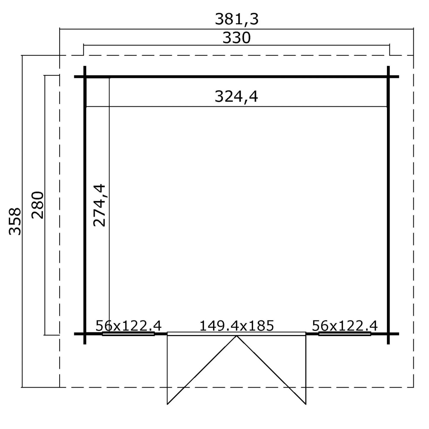 Grundriss Gartenhaus Lasita Robin 280, 330x280 cm, unbehandeltes Holz. Abmessungen und Türposition.