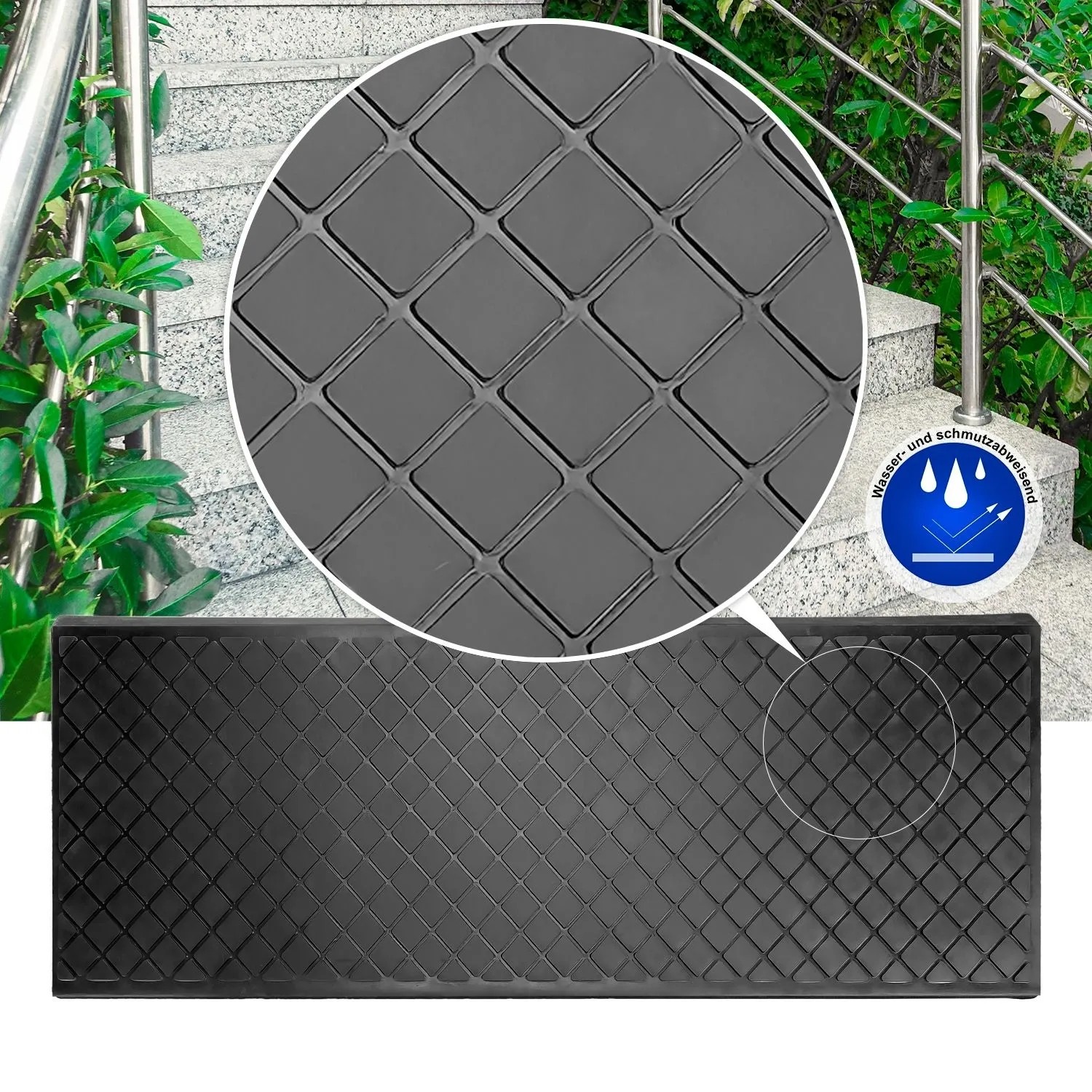 Schwarze BigDean Gummi Stufenmatte mit Karo Design auf einer Außentreppe. Rutschfest für Treppenstufen.