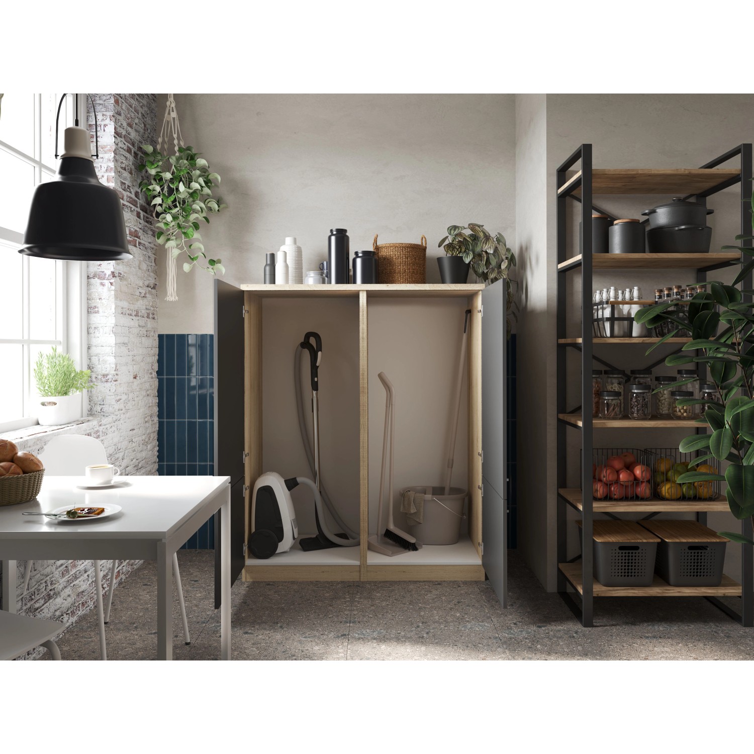 Respekta Küchenmöbel-Set Merle 11, 120 cm, grau, mit Staubsauger und Putzeimer im Schrank.