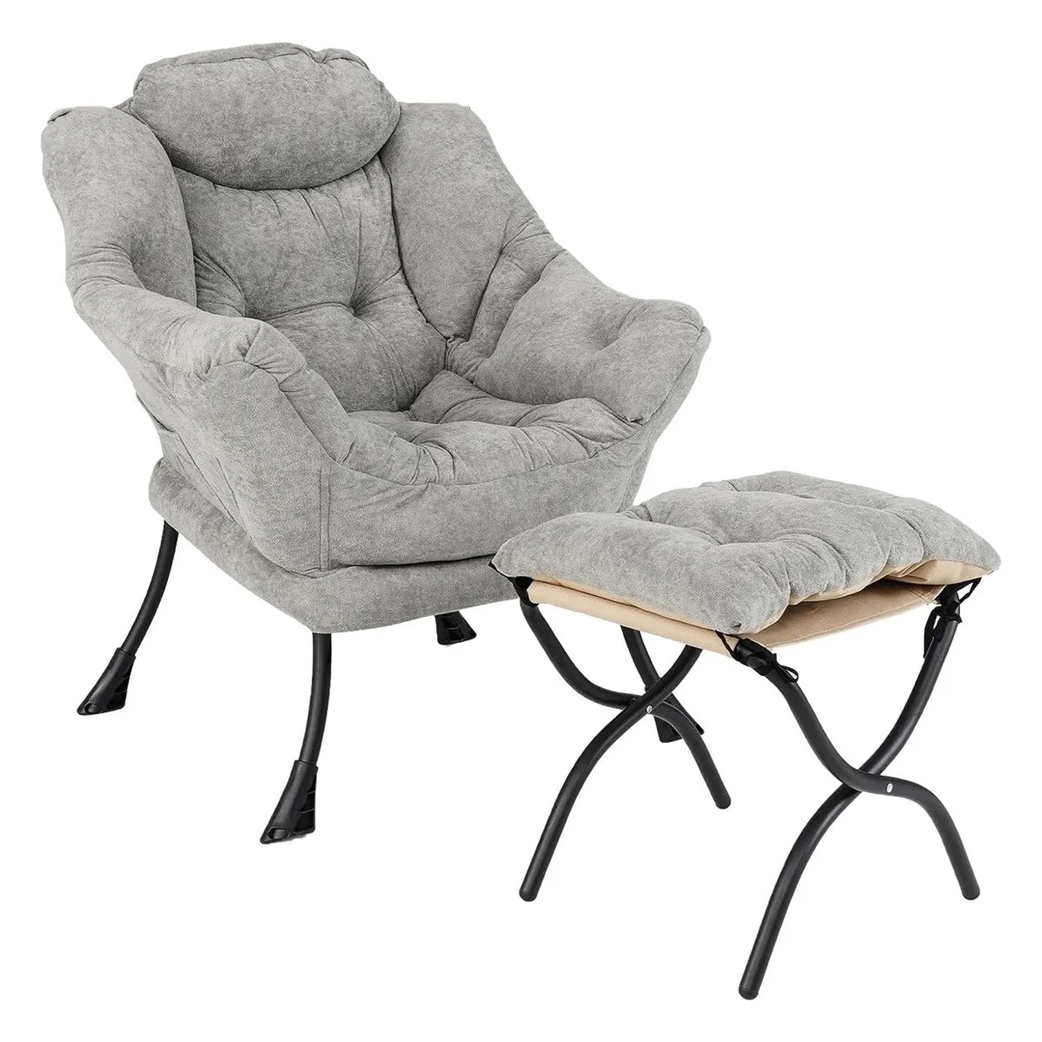 Costway Sessel mit Hocker & Seitentasche & Doppelseitige Fußstütze Grau