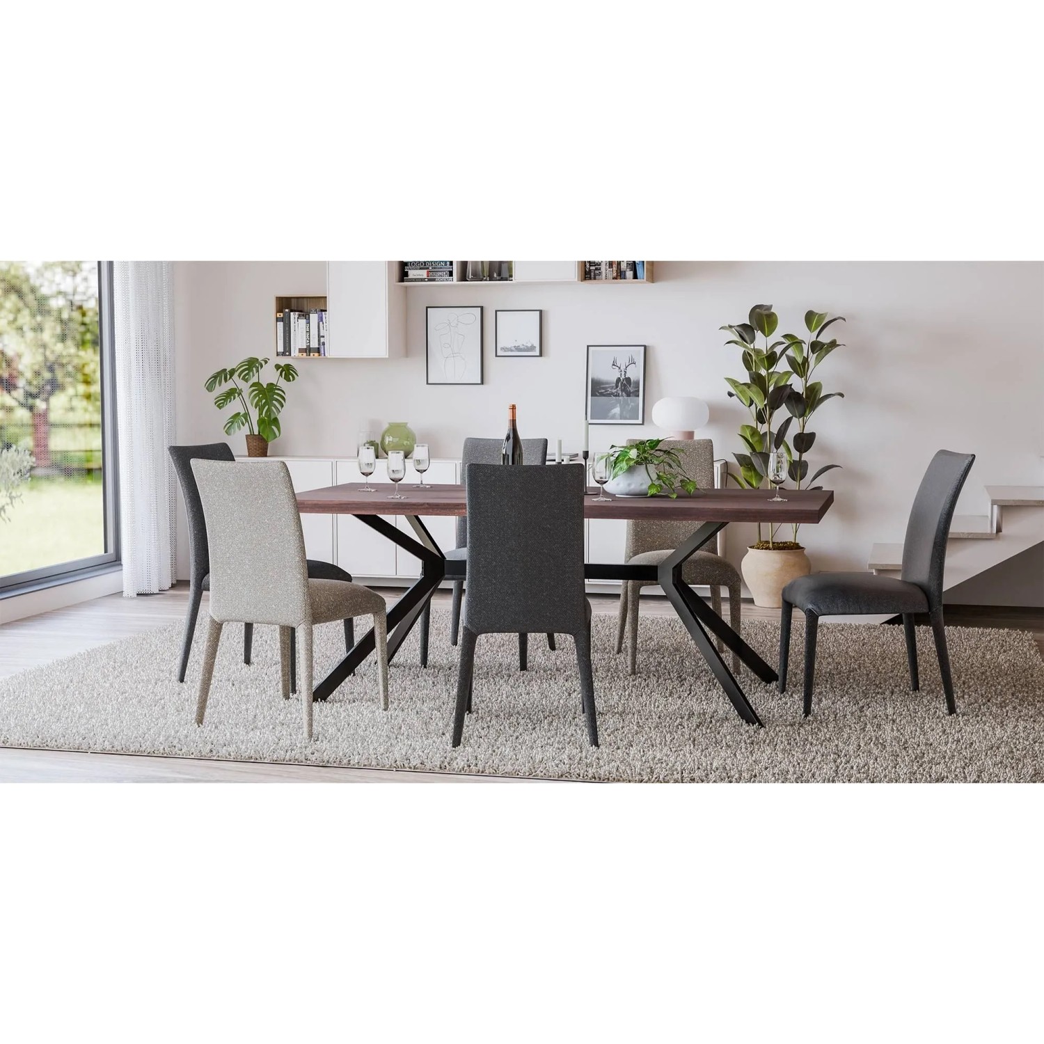 Esstisch mit schwarzem DELUKE Metall Tischgestell PROXI und Stühlen im modernen Wohnzimmer.
