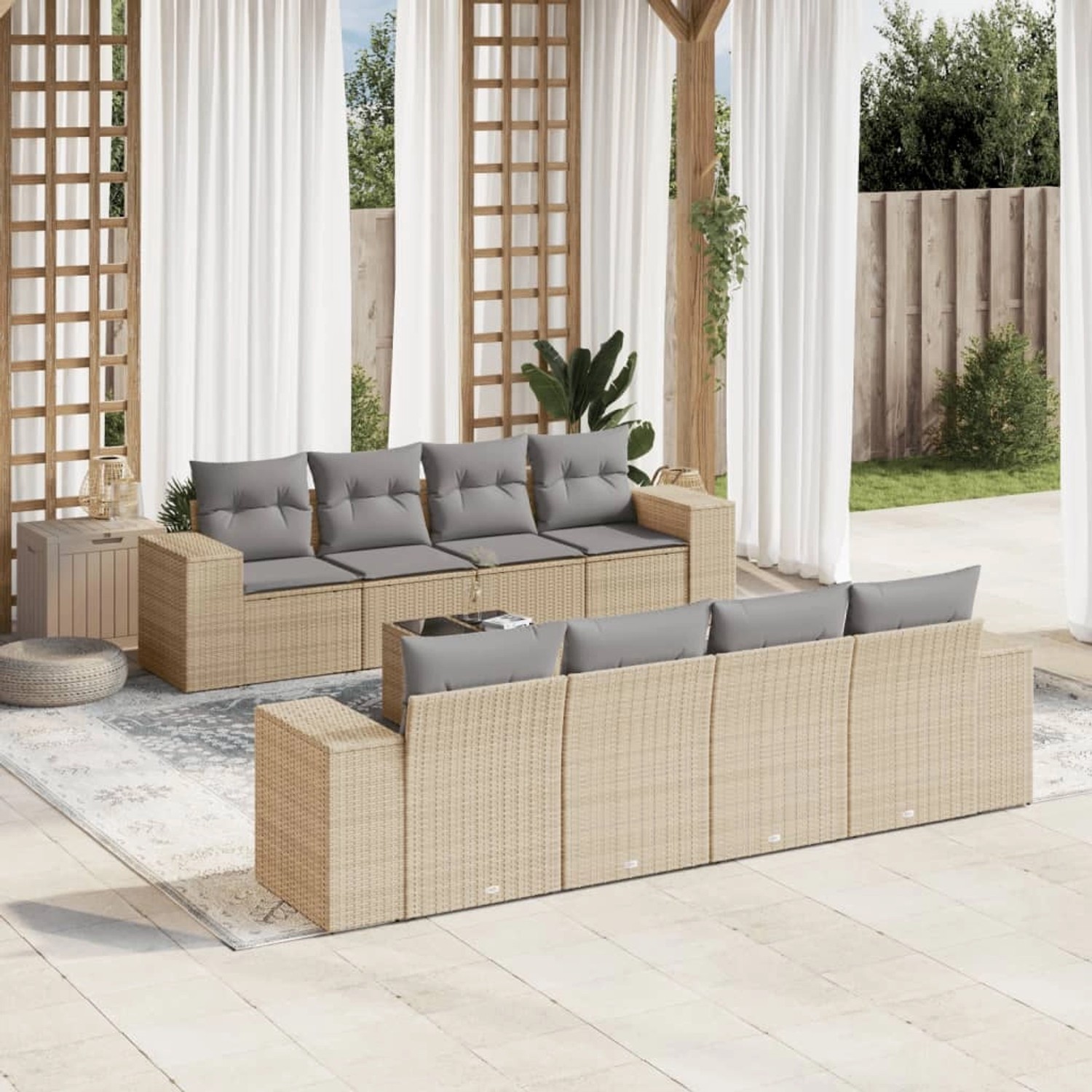 Beige 9-teilige vidaXL Garten-Sofagarnitur aus Polyrattan mit hellgrauen Kissen.