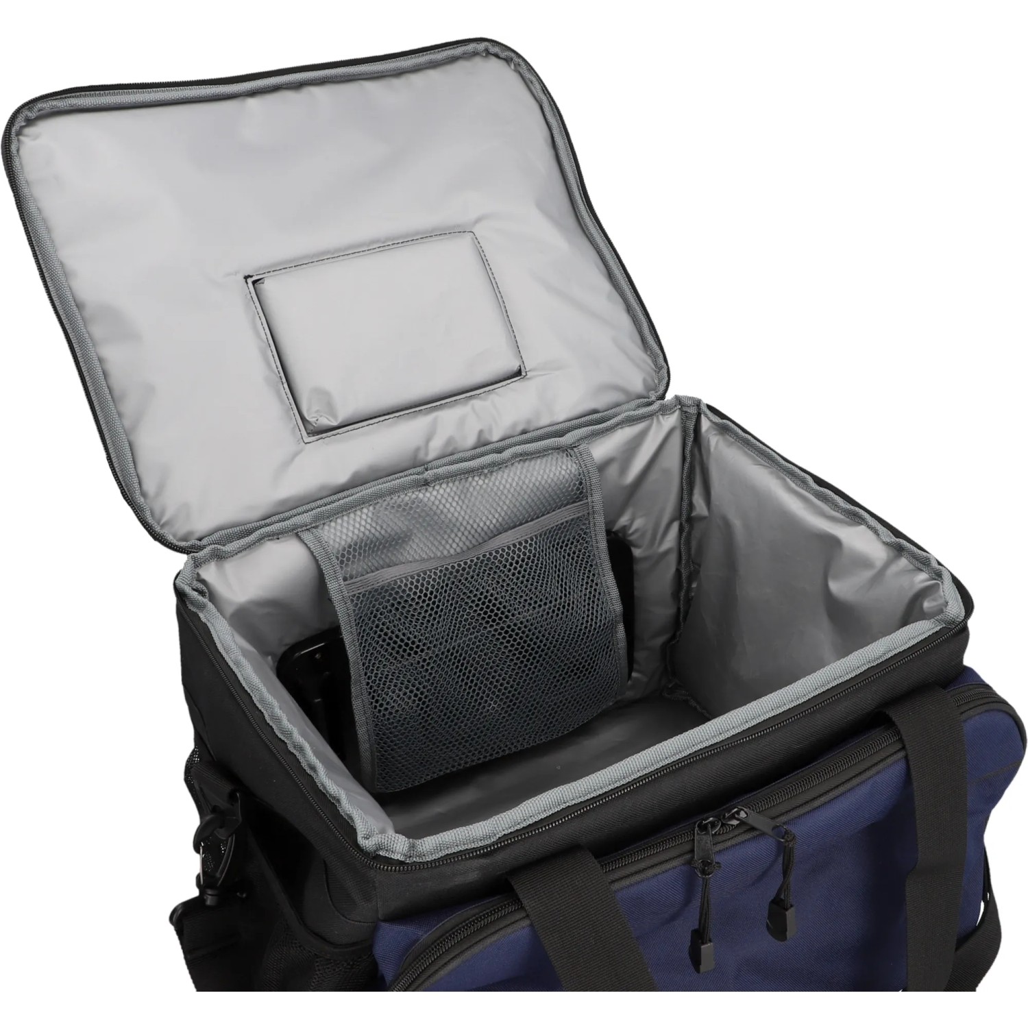 Geöffnete blaue Cartrend Kühltasche (30 l) mit Innenfächern. Ideal für unterwegs.
