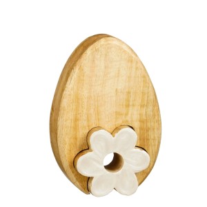 Braunes Deko-Osterei aus Holz von Mica Decorations mit weißer Blume, 11x3,5x16 cm.