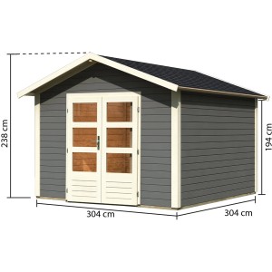 Karibu Holz-Gartenhaus Tessin 2, terragrau, 300x300 cm, mit Doppeltür, Boden und Dachschindeln.