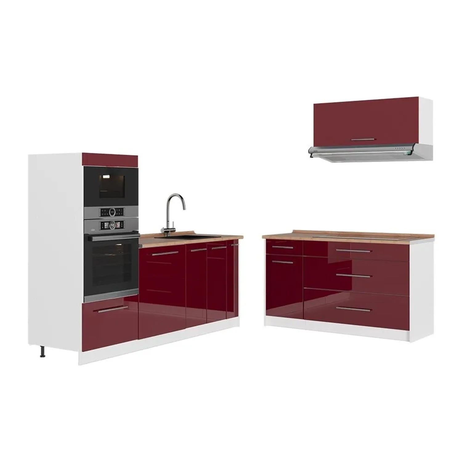 Vicco Küchenzeile Fame-Line Bordeaux Hochglanz/Weiß 340 x 154 AP Eiche Art Nr 63938