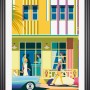 Schwarzer Kunststoffbilderrahmen 60x80 cm mit farbenfrohem Art Deco Motiv.