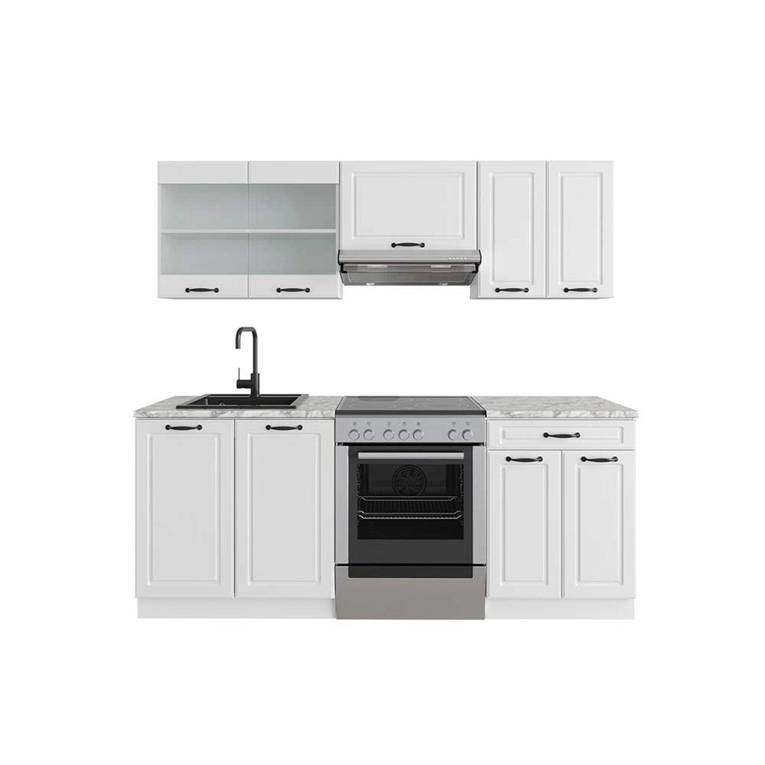 Vicco R-Line Küchenzeile Weiß Landhaus/Weiß 200 cm AP Marmor günstig online kaufen