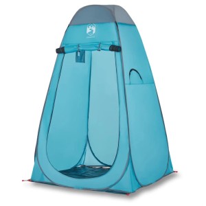 Blaues Pop-Up Umkleidezelt mit grauem Dach und aufgerolltem Eingang. Ideal für Camping & Sichtschutz.