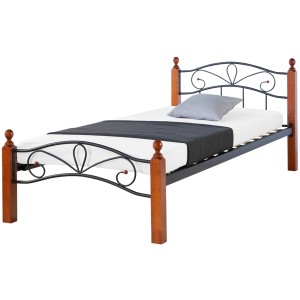 Schwarzes Metallbett 90x200 cm mit Holzpfosten, geeignet als Einzel- oder Jugendbett.