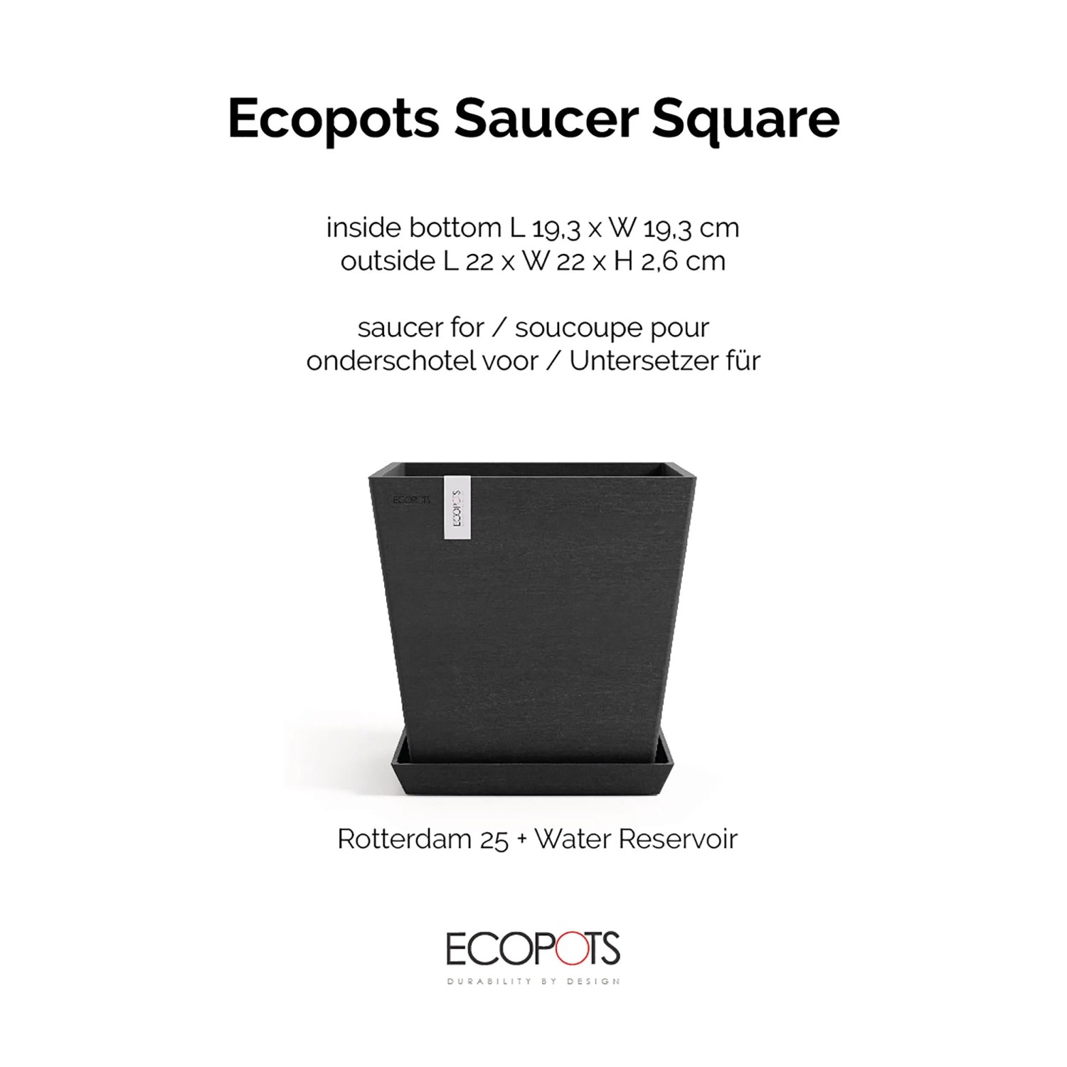 Ecopots Untersetzer Rotterdam eckig, dunkelgrau, 22cm. Für Innen & Außen.